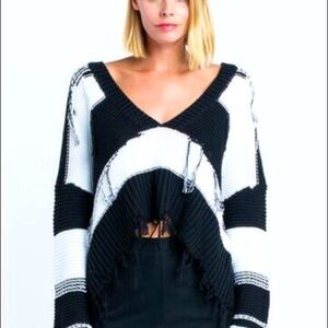 WILDFOX Kara Black White Striped Fringe Ripped Sweater